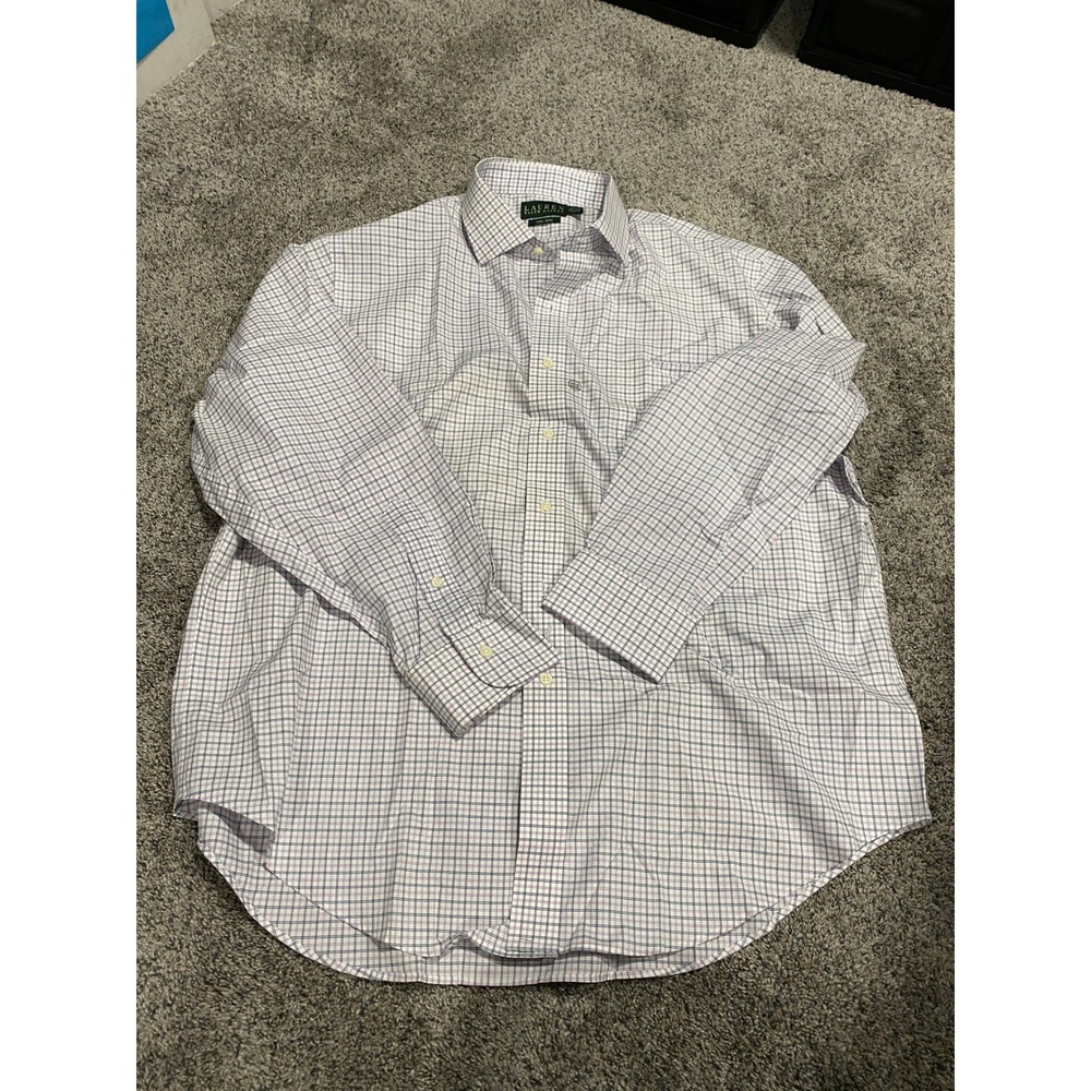 Lauren Ralph Lauren Dress Shirt Non Iron Plaid Purple White 17.5 34/35 Excellent